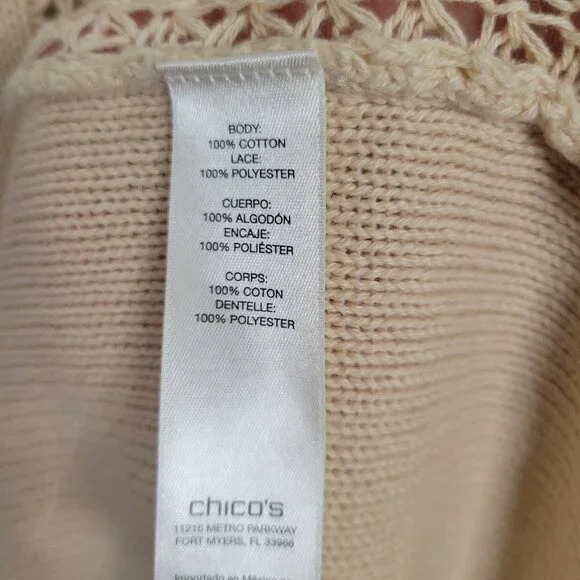 Chico's 2 Size L Cardigan Open Leslie Lace Front Long Jacket Cotton Blend Beige - Picture 5 of 10